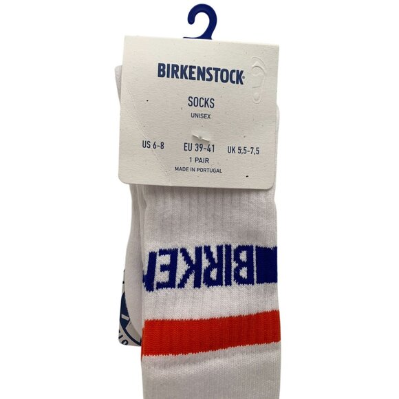 Birkenstock Unisex Crew Socks US 6-8 EU 39-41 White With Red & Blue Stripes Made - Picture 1 of 2